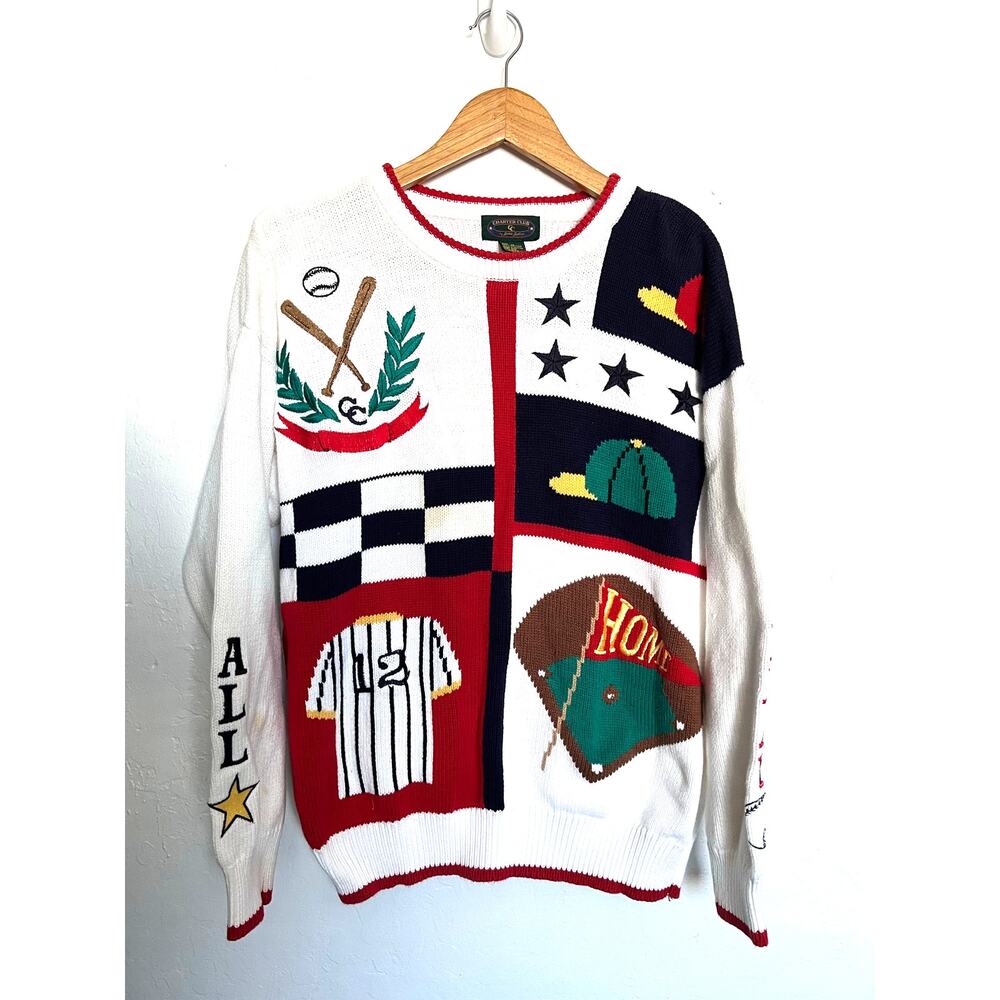 VTG Charter Club Sweater Sm Baseball Mom Knit 90's Embroidered Novelty Butter